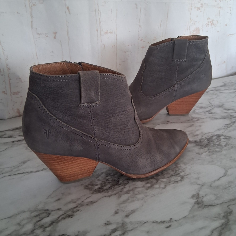 Frye Gray Leather Western Ankle Booties with Stacked Heel